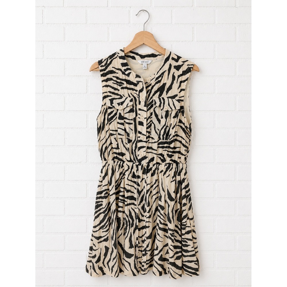 Nine West Shirt Dress Womens Large Cream Black Zebra Print Sleeveless NWT